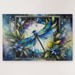 Blauwe Libel Waterverf Botanisch Legpuzzel