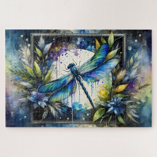 Blauwe Libel Waterverf Botanisch Legpuzzel (Horizontaal)