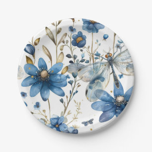 Blauwe Libelle en Bloemen Bloemig Papieren Borden Bordje