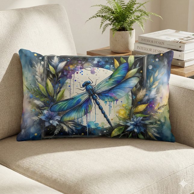 Blauwe Libelle Waterverf Botanisch Kussen (Blue Dragonfly Watercolor Botanical Lumbar Pillow Mockup A)