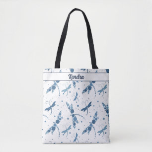 Blauwe libellen op witte handtekening tote bag