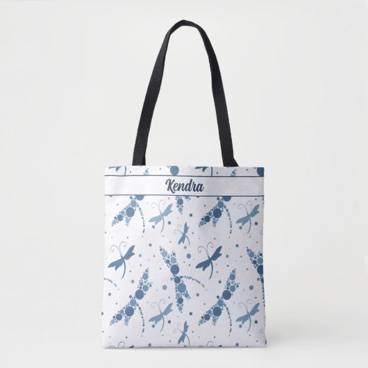 Blauwe libellen op witte handtekening tote bag (Voorkant)