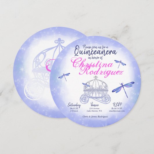 Blauwe libellen, Roze Quinceañera Uitnodiging (Voorkant / Achterkant)