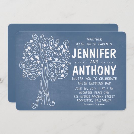 blauwe liefde harten boom rustige trouwuitnodiging kaart (Voorkant / Achterkant)