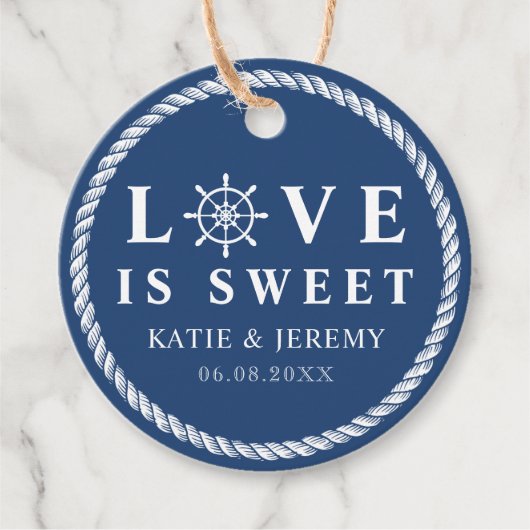 Blauwe liefde is zoete nautische bruiloft bedankjes labels (Voorkant)