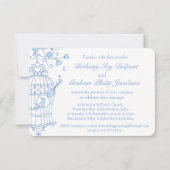 Blauwe liefde vogels open kooi bruiloft uitnodigin kaart (Achterkant)