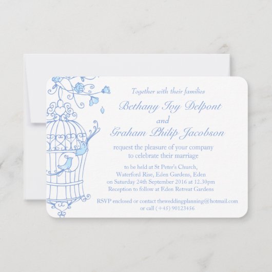 Blauwe liefde vogels open kooi bruiloft uitnodigin kaart (Achterkant)