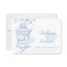 Blauwe liefde vogels open kooi bruiloft uitnodigin