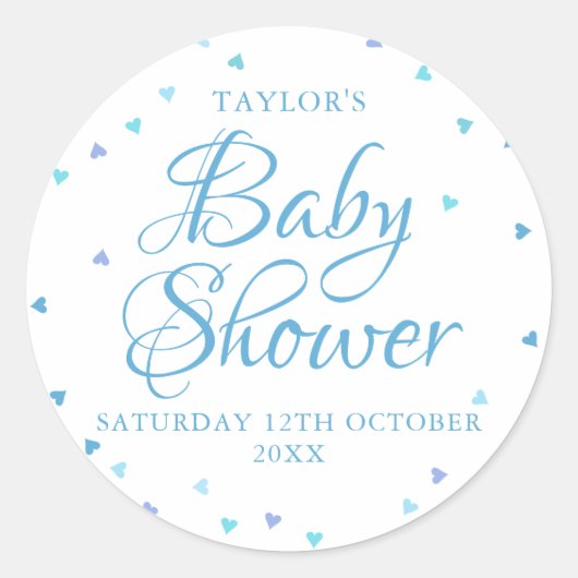 Blauwe Liefdeshartjes Baby Jongen shower / Strooig Ronde Sticker (Voorkant)