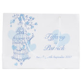 Blauwe liefdesvogels openen een cadeautas voor een (Achterkant)