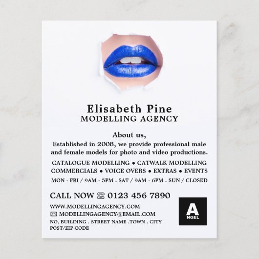 Blauwe liften, modellenbureau, modelagent flyer (Voorkant)
