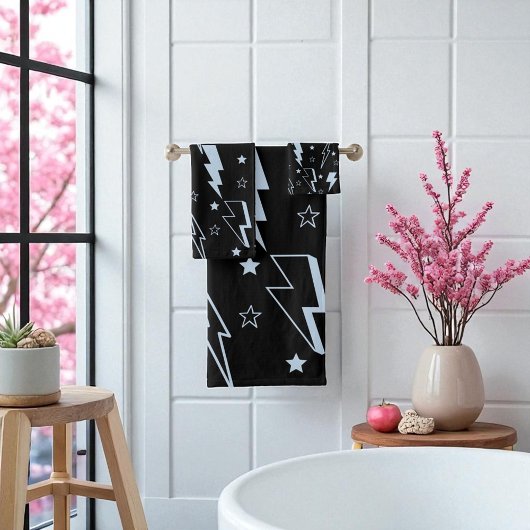 Blauwe Lightning Zwarte Achtergrond Y2K Patroon Bad Handdoek