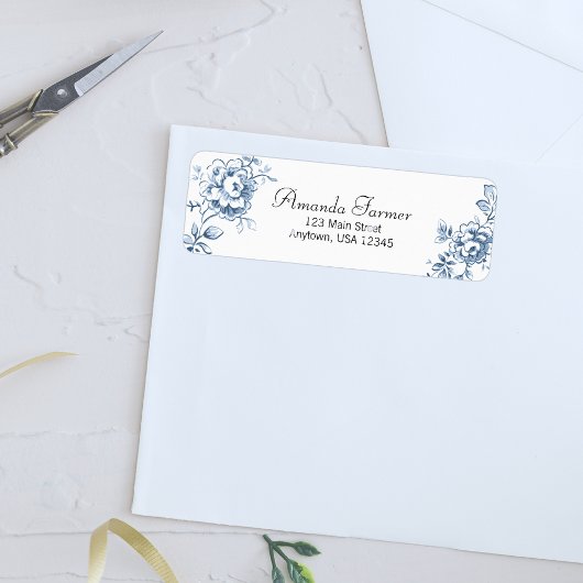 Blauwe  lijn getekende Rozen Etiket