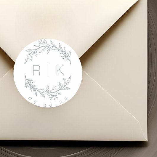 Blauwe lijn kunst Botanische krans bruiloft monogr Ronde Sticker