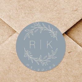 Blauwe Lijn Kunst Botanische Krans Trouw Monogram Ronde Sticker