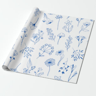 Blauwe Lijn Kunst Gemengde Tuinschets Bloemen Cadeaupapier