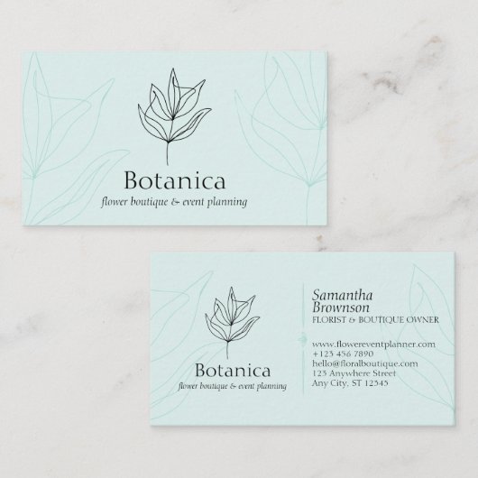 Blauwe lijn met minimalistisch Leaf Fern Floral Visitekaartje (Voorkant / Achterkant)