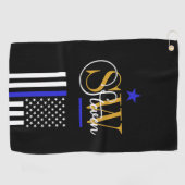 Blauwe lijn & Monogrammen Naam / Moderne Handteken Golfhanddoek (Horizontaal)