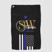 Blauwe lijn & Monogrammen Naam / Moderne Handteken Golfhanddoek (Voorkant)