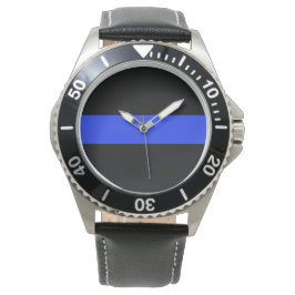 Blauwe lijn zwart lederen horloge