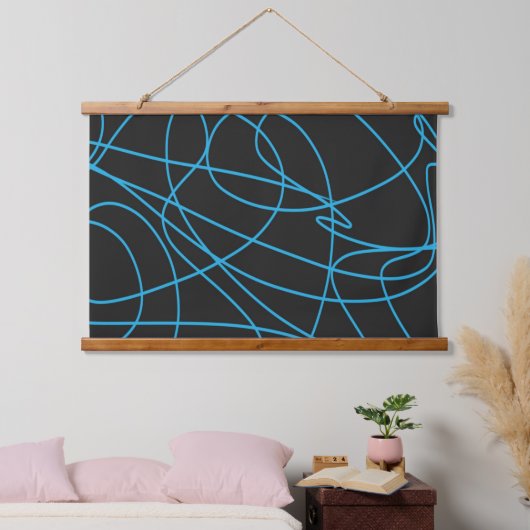 Blauwe lijnkunst op zwart hangend wandkleed (Slaapkamer)