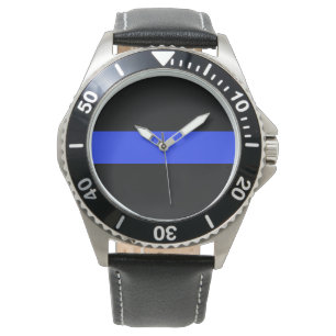 Blauwe lijnzwarte leder horloge