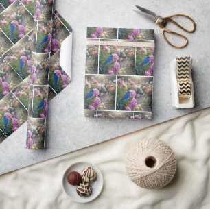 Blauwe Lijster op een Roze Pioen Cadeaupapier