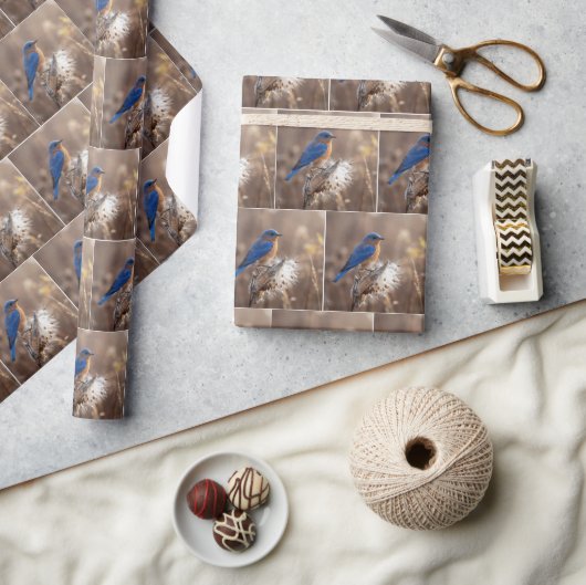 Blauwe lijster op een zijdeplantpeul cadeaupapier (Crafts)
