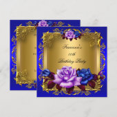 Blauwe Lila Rozen Gold Elegant Birthday Party Kaart (Voorkant / Achterkant)