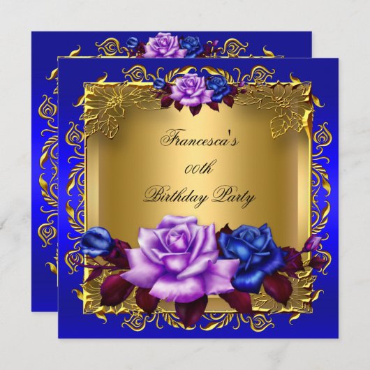 Blauwe Lila Rozen Gold Elegant Birthday Party Kaart (Voorkant / Achterkant)
