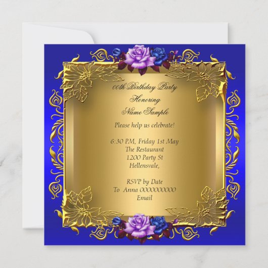 Blauwe Lila Rozen Gold Elegant Birthday Party Kaart (Achterkant)