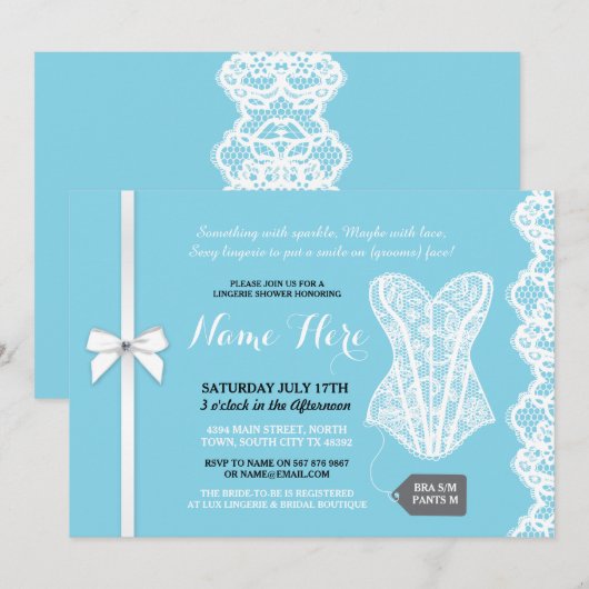 Blauwe Lingerie Douche Nodig Lace Bruids Party Kaart (Voorkant / Achterkant)