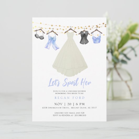 Blauwe Lingerie Feestuitnodiging met Trouwjurk Kaart (Staand voorkant)