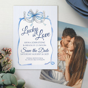 Blauwe lint geluk in liefde hoefijzer save the dat date