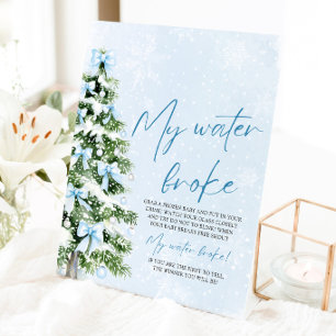 Blauwe Lint Kerstboom Mijn Water Is Gebroken Baby Reclamebord Met Voetstuk