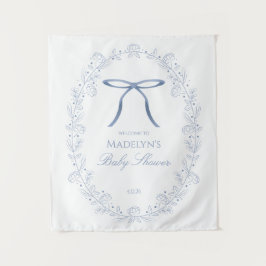 Blauwe linten en bloemen babyshower welkomstbord wandkleed