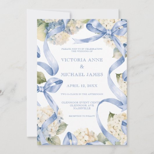 Blauwe linten & hortensia's Elegante bruiloft Kaart (Voorkant)