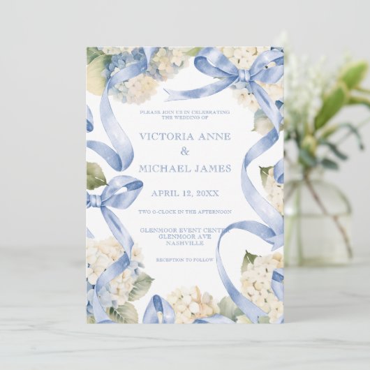 Blauwe linten & hortensia's Elegante bruiloft Kaart (Staand voorkant)
