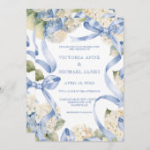 Blauwe linten & hortensia's Elegante bruiloft Kaart (Voorkant / Achterkant)