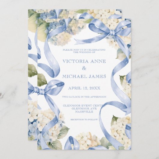 Blauwe linten & hortensia's Elegante bruiloft Kaart (Voorkant / Achterkant)