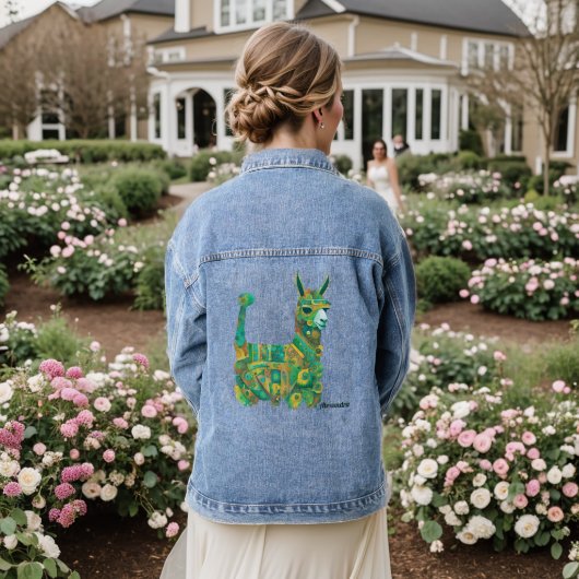 Blauwe Llama Bloemen Folk Art Denim Jacket (Huwelijk Achterkant)