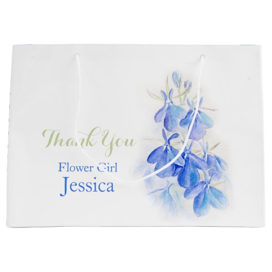 Blauwe lobelia bloemen witte blauwe cadeautas (Voorkant)