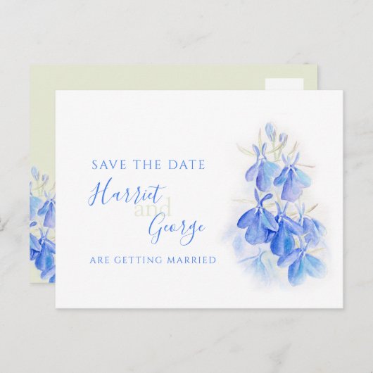 Blauwe lobelia waterverf kunst behalve datum aankondigingskaart (Voorkant / Achterkant)