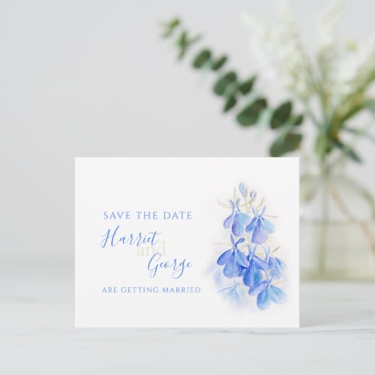 Blauwe lobelia waterverf kunst behalve datum aankondigingskaart (Staand voorkant)