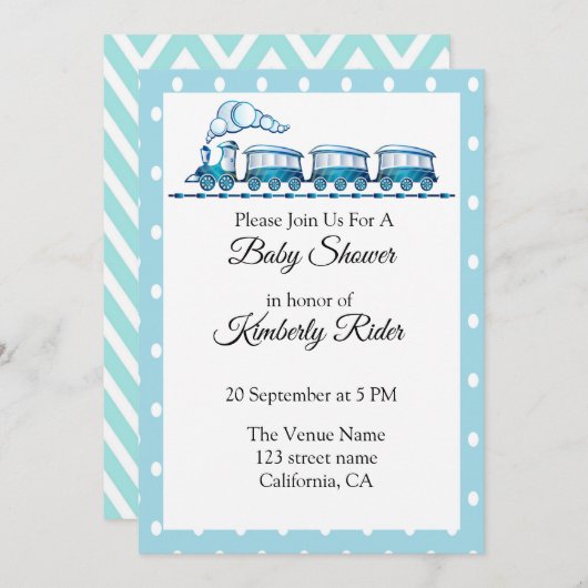 Blauwe Locomotief Baby Douche Uitnodigingen (Voorkant / Achterkant)