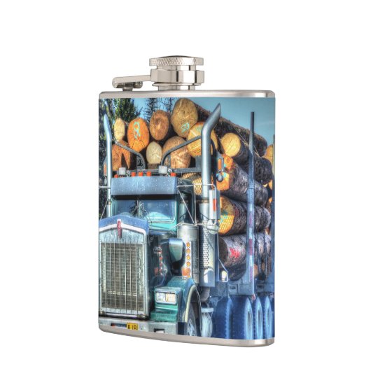 Blauwe Logging Vrachtwagen Snelweg Rijden Kunst Tr Heupfles (Links)