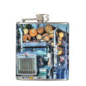 Blauwe Logging Vrachtwagen Snelweg Rijden Kunst Tr Heupfles (Voorkant)