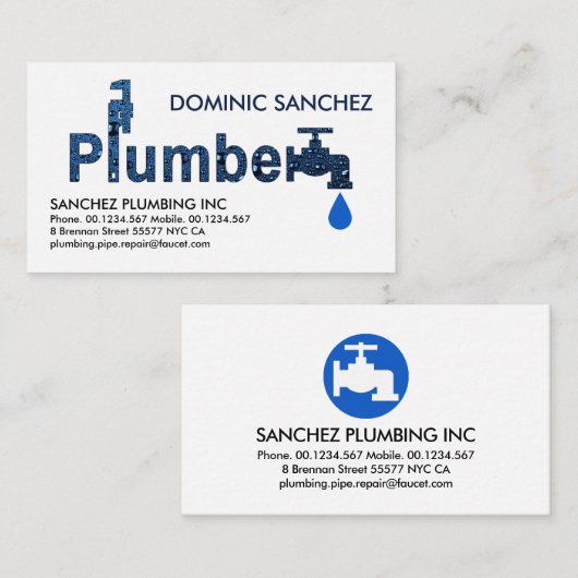 Blauwe Loodgieter Waterdrop Signage Visitekaartje (Voorkant / Achterkant)