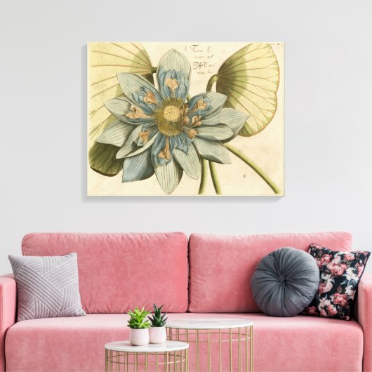 Blauwe Lotus-ventilator op Tan-achtergrond met sch Canvas Afdruk (Insitu (Woonkamer))