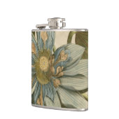 Blauwe Lotus-ventilator op Tan-achtergrond met sch Heupfles (Links)